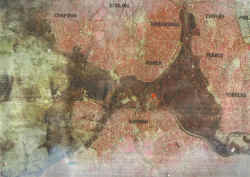 火事の焼け跡（一部）を写した衛星写真。赤い×印が我が家のある位置。左の真っ白な部分と黒い部分は焼けてしまった林や野原。